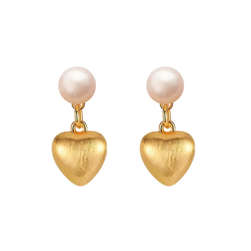 

18K Gold Plated Heart Dangle Earrings Freshwater Pearl Inlaid 925 Silver Needle Trend Brushed Technique Love Heart Drop Earrings
