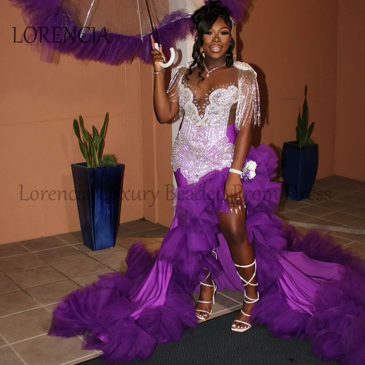 Luxury Beaded Mermaid Prom Dress For Black Girl Crystal Tassel Front Split Ruffles Backless Evening Dresses Birthday Party Gowns