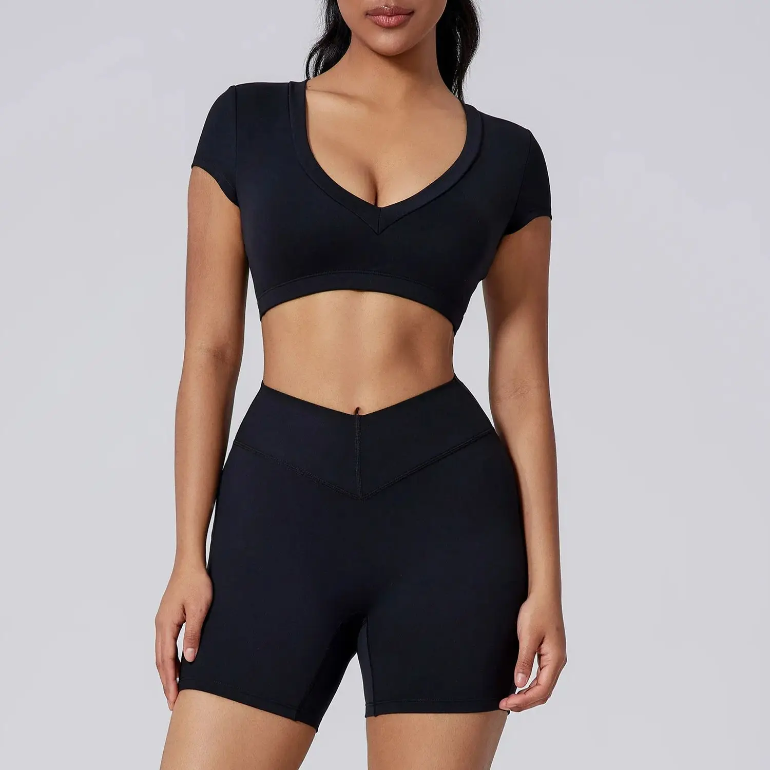 Women Outdoor Sports Sets Deep V Crop Tops Shorts Tracksuits Gym Running Training Yoga Suits Tops Short Leggins Tights 2 Pieces