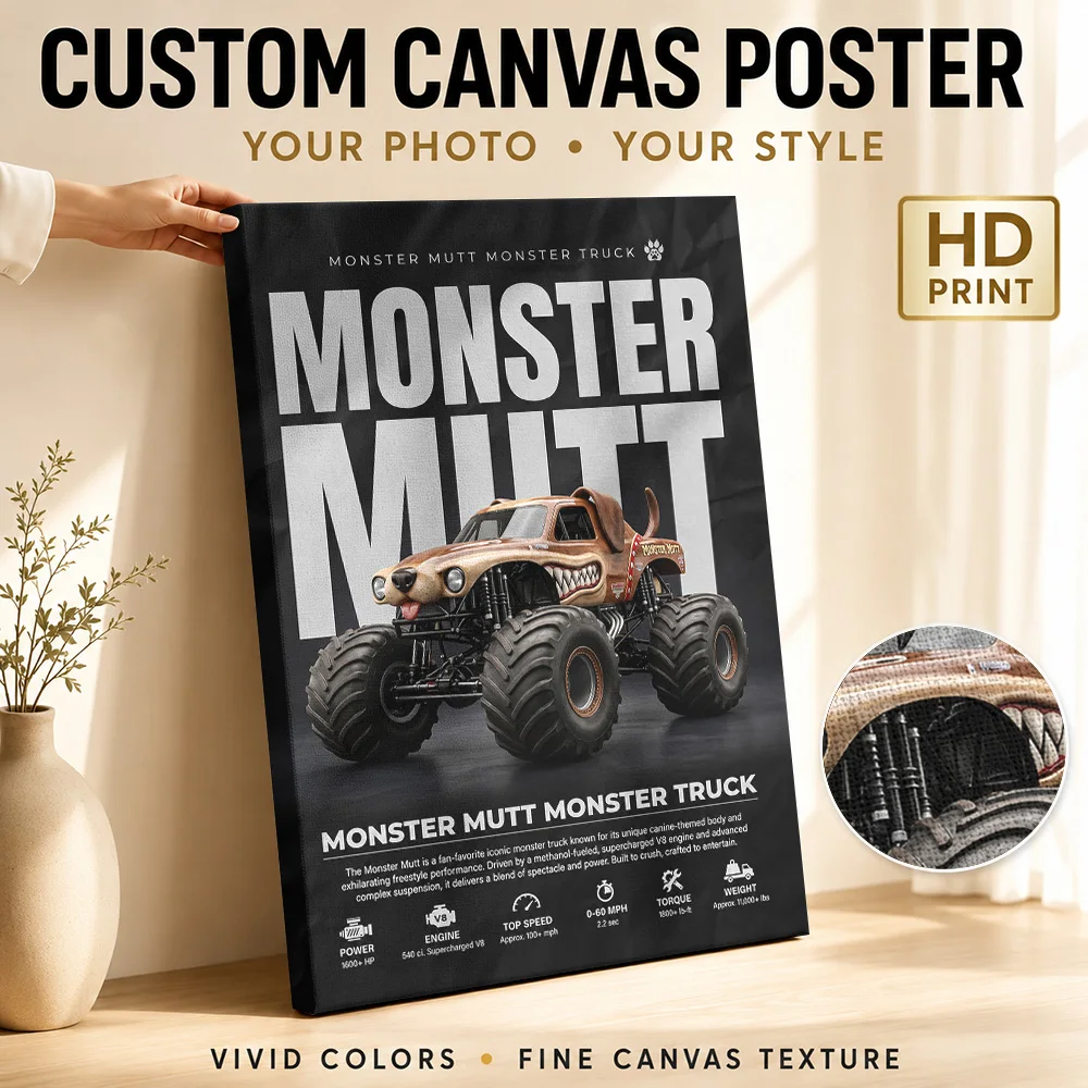 Monster Mutt Truck Framed Canvas Poster Personalized Photo Dynamic Illustration Style Wall Art Garage Studio Decor Driver Gift