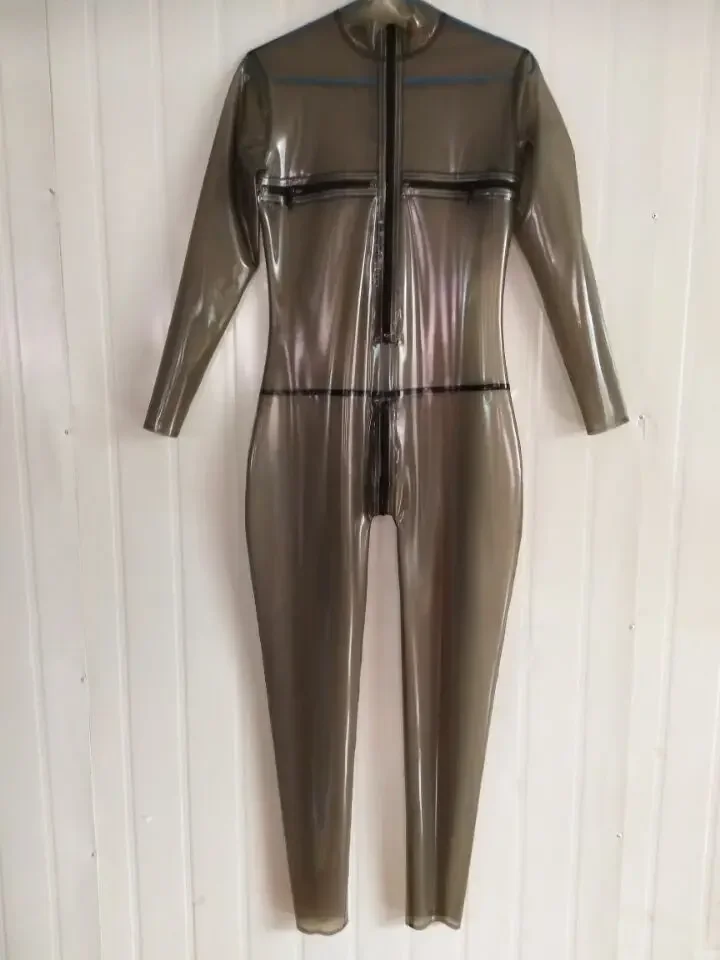 Latex Catsuit Gummi Club Transparentes Schwarz Brustreißverschluss Bodys 0,4mm