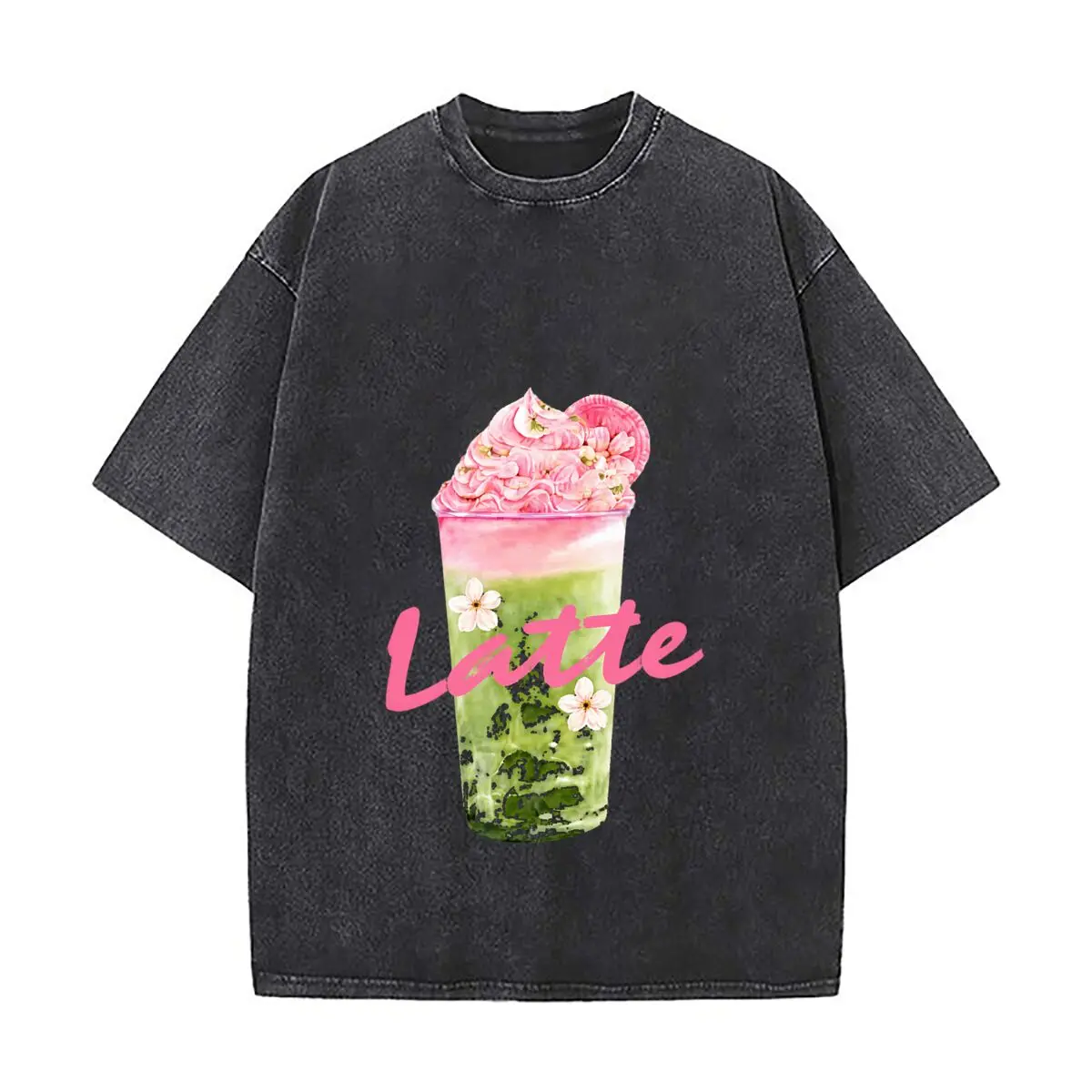 Pink Latte Matcha Floral Whipped Cream Drink Illustration Washed Vintage Short Sleeve Loose Streetwear Tee