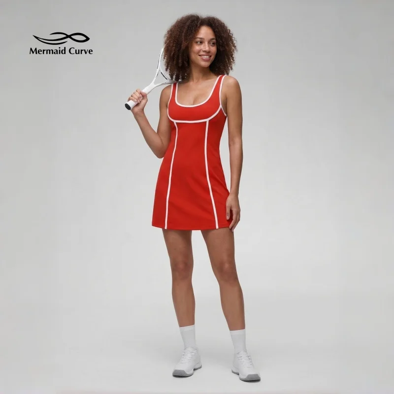 

Женское теннисное платье Mermaid Curve с эффектом пуш-ап, со встроенными леггинсами, утягивающее, облегающее, мини-платье для спорта, зала, лета, повседневное