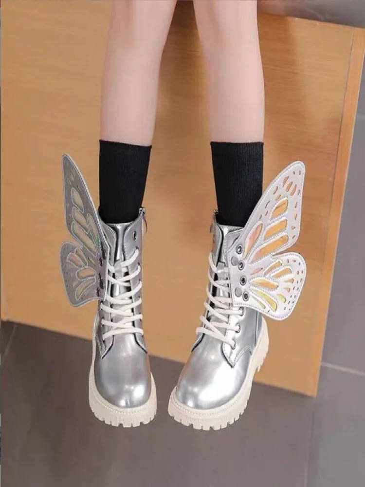 Children\'s Riding Boots 2024 Autumn New Girls Princess with Wings Fashion Colorful Short Boots Trend Kids Leather Ankle Boots