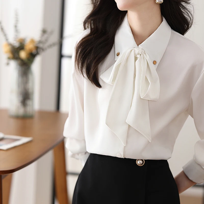 

Белые рубашки для женщин, бесплатная доставка, с длинным рукавом, отложным воротником, галстуком-бабочкой и пуговицами, женская блузка, новинка 2023 г.