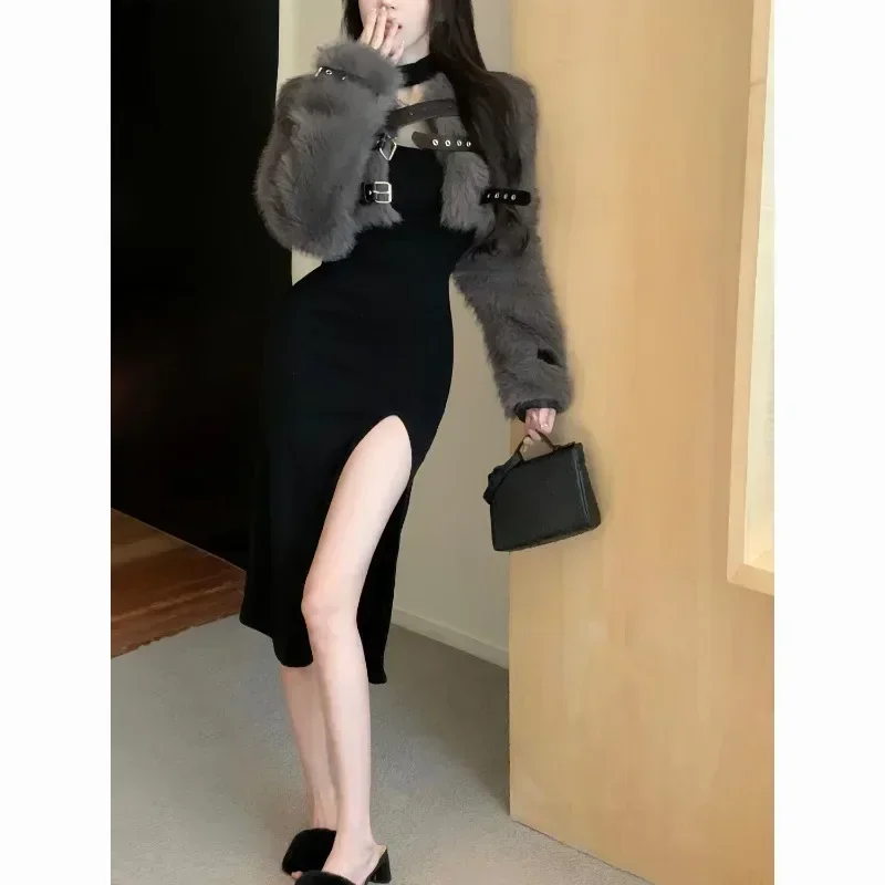 

MiiiiX Sexy Girl Elegant Dress Sets Spring Short Plush Faux Fur Jacket Coat Top Inner Sheath Vent Midi Dress Women Two-piece Set