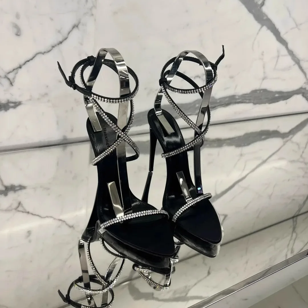 

Cross Bandage Zapatos Mujer2024 Tendencia Rhinestone Туфли Женские Ankle Strap Heeled Sandals Pointed Toe Shoes For Woman Summer