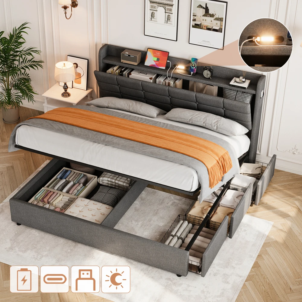 Ye 5ft King Bed Frame with Hydraulic Storage, Linen Upholstered  Bed with Concealed Headboard Storage, Grey (No Mattress)