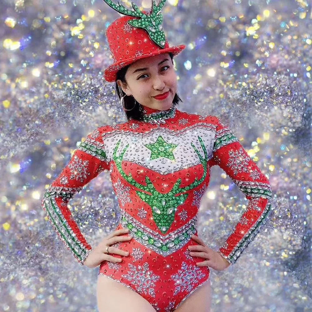 

2026 Women Snowflake Print Shining Rhinestones Elk Hat Christmas Bodysuits Singer Dancer Stage Wear Role-Playing Outfit