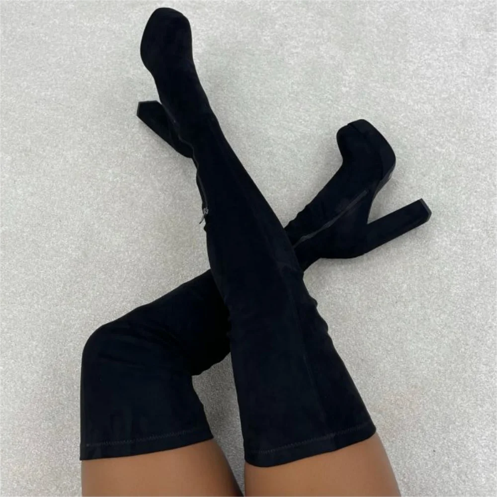 

Brand Fashion Women Black Platform Over The Knee Boots Sexy Ladies Elastic Luxury Chunky Heels Square Toe Motorcycle Shoes