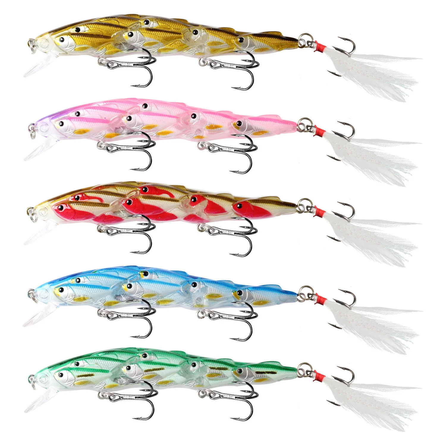 Sea.Yolo 5pcs Floating Minnow Fishing Lure 12cm/15.6g Feather Hook Long-Range Plastic Fake Bait Artificial Biomimetic Bait