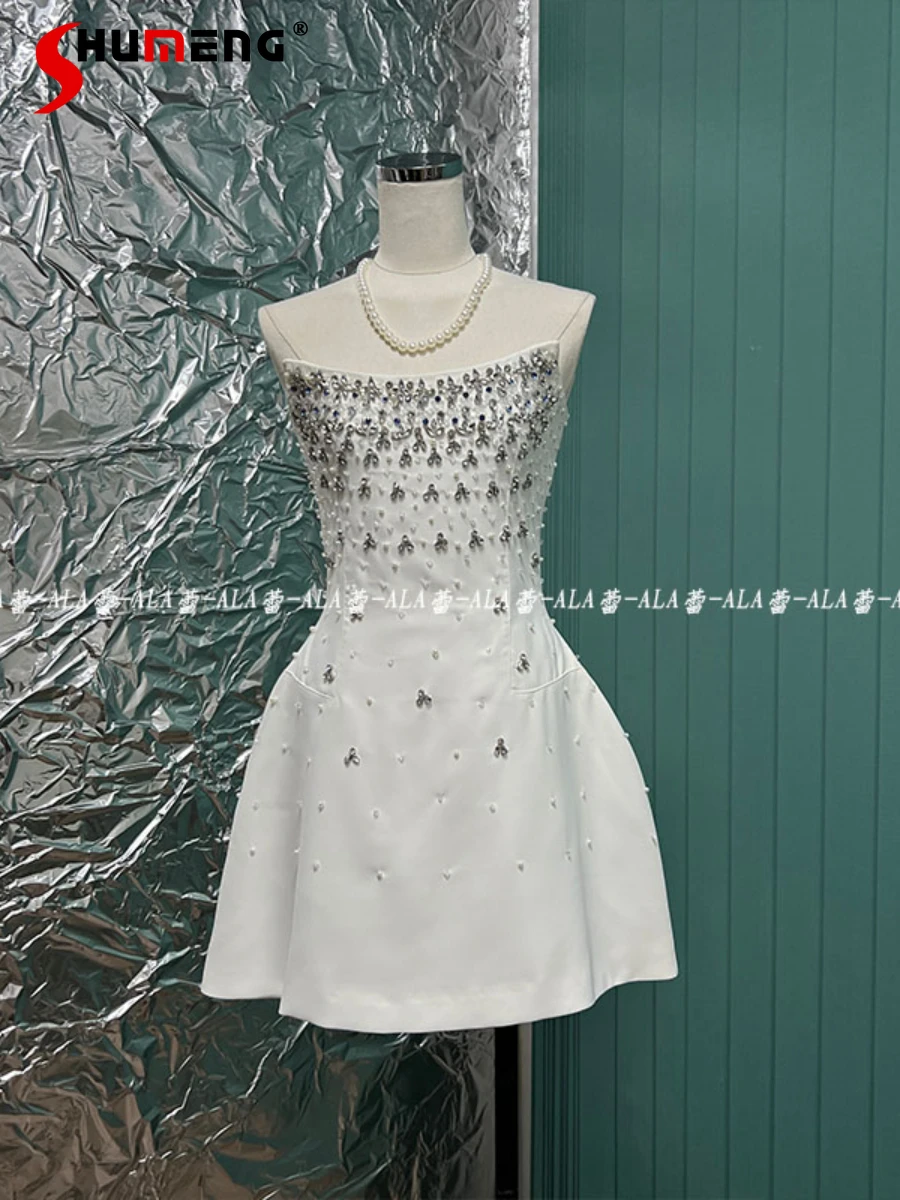 

Fashion New Spring Summer Dress Rhinestone High-End Tube Tops Sleeveless Solid Color Dresses Retro Short Women's Clothes