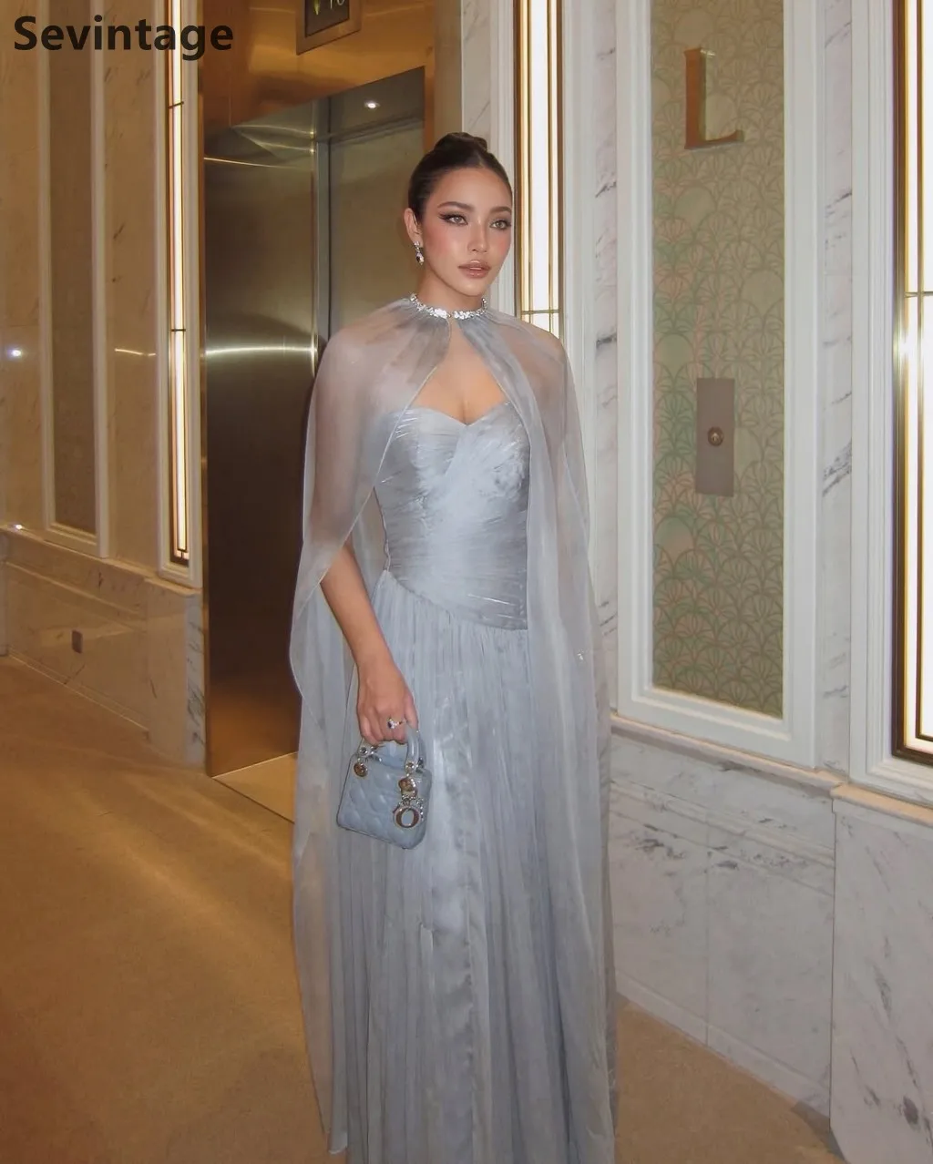 Sevintage 2025 abito da sera maxi pieghettato senza spalline in chiffon di seta abito da ballo formale per festa di nozze abito da festa Dubai personalizzato