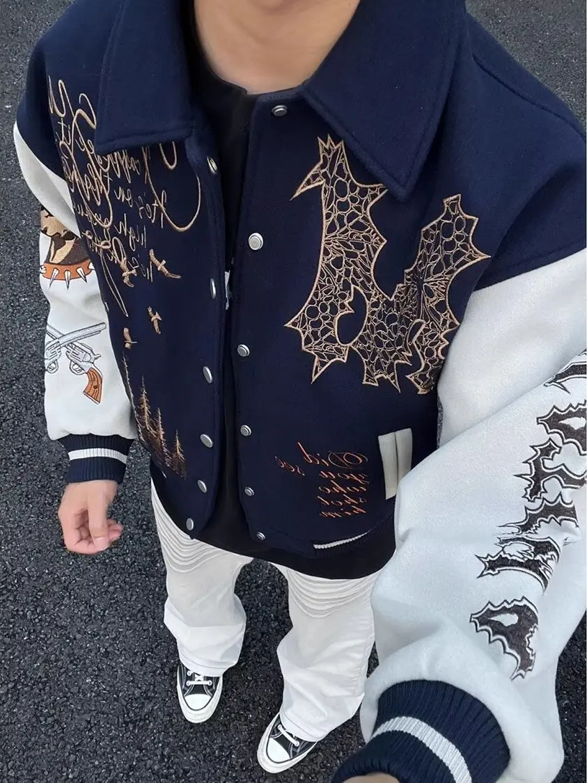 

Heavy Embroidery Woolen Material Lapel Jaet Men Loose Autumn American Sle Pilot Baseball Coat Windproof Polyester Fiber