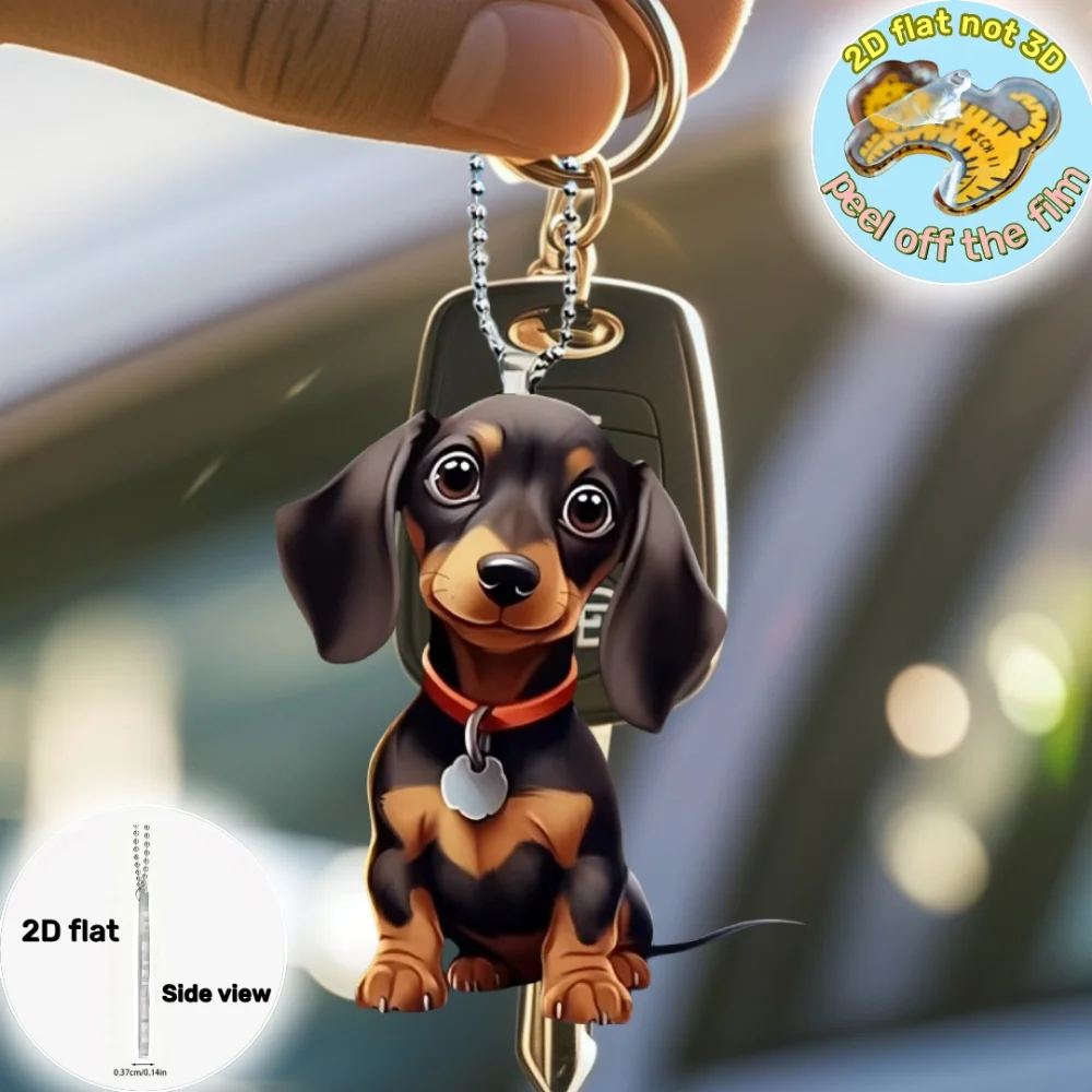 2D Cartoon Dachshund Pendant Charm Cute Dog Keychain Flat Acrylic Puppy Ornament  for Car Mirrors Bags Home Festive Gifts Decor