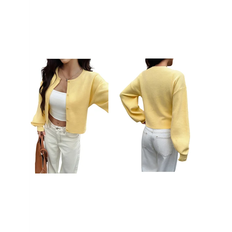 

VOFUN-Women Button Up Cardigan Fall Trendy Crew Neck Long Sleeve Knit Cropped Sweater Jacket