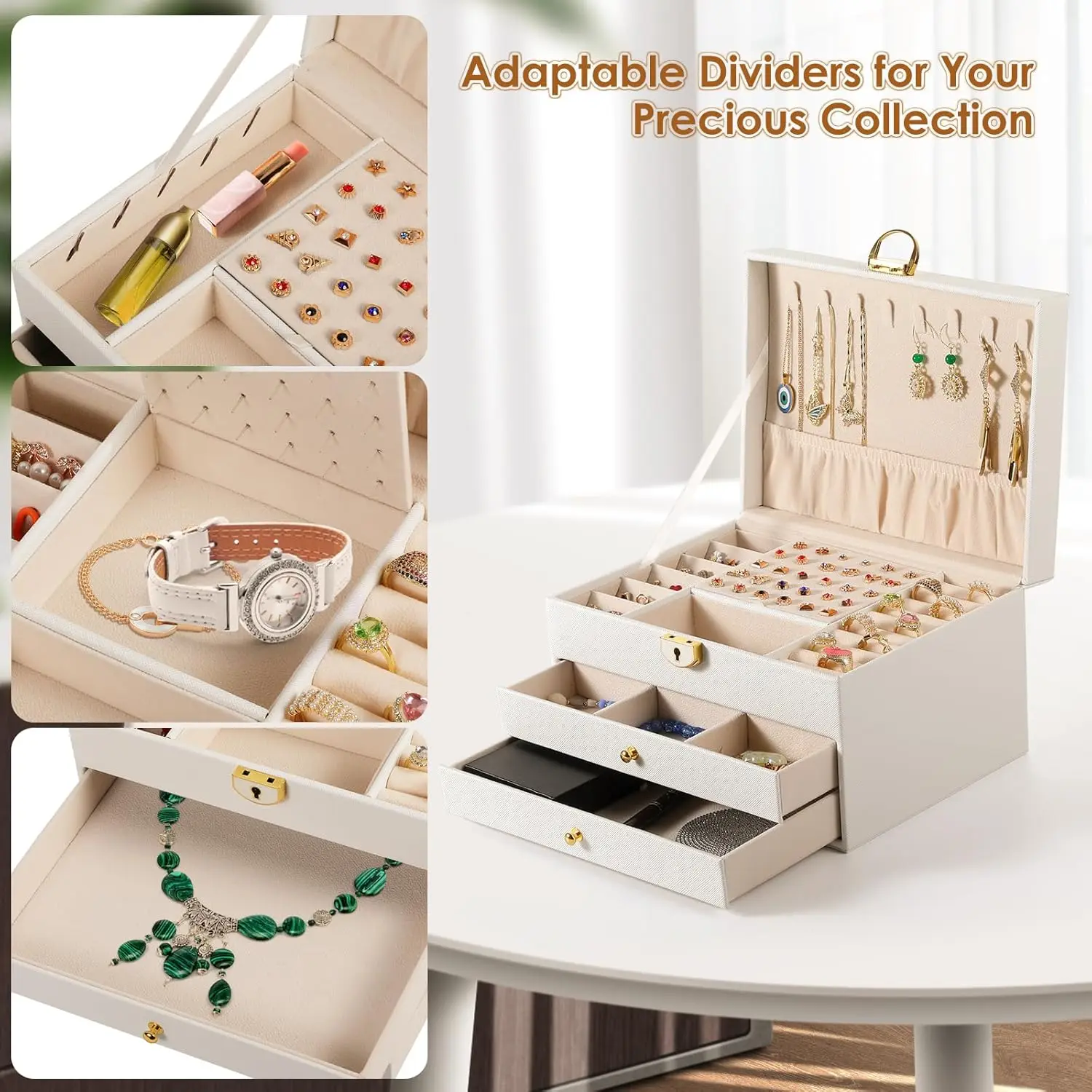 

3-layer jewelry box with drawer lockable jewelry rack storage large velvet earring organizer for women