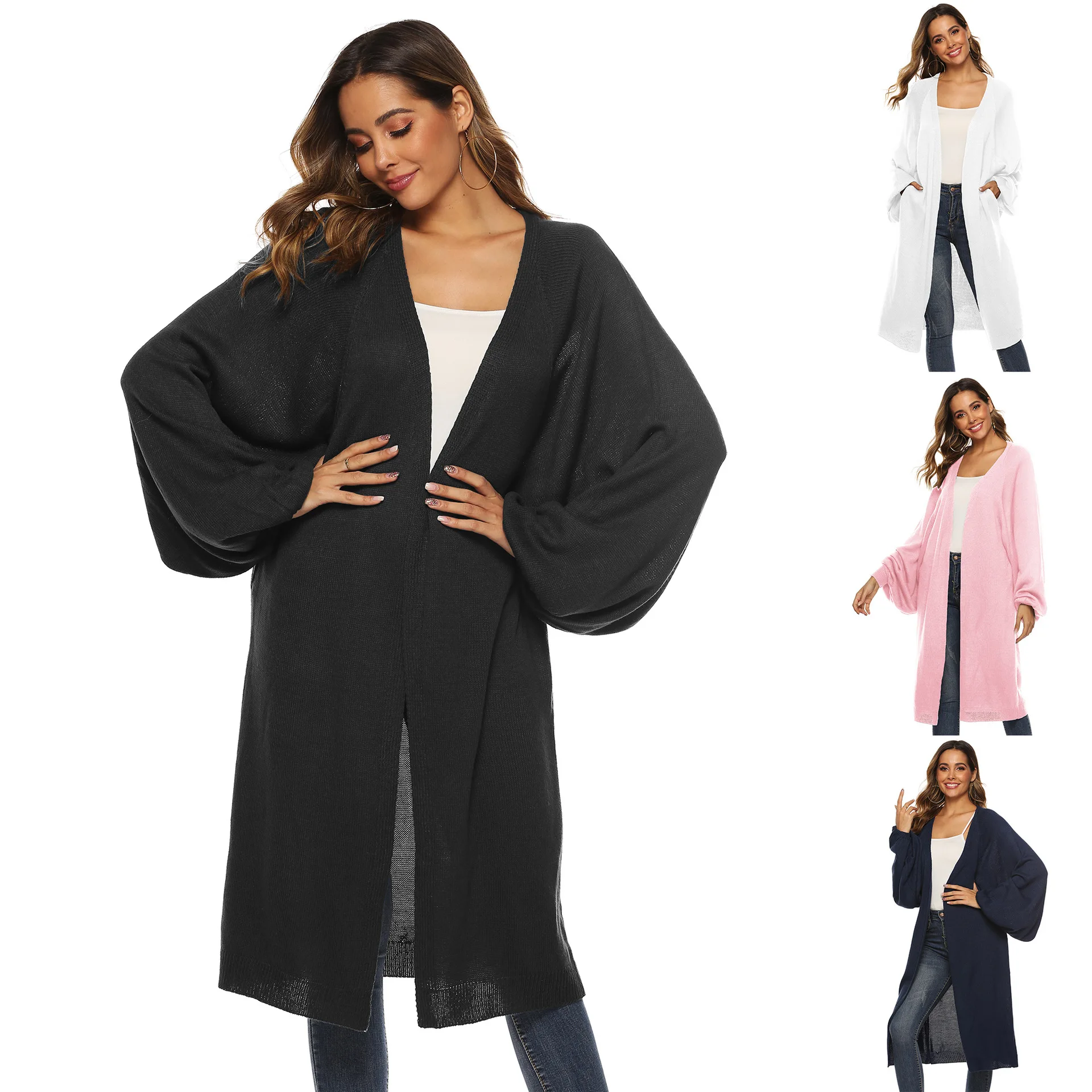 

Модный осенне-зимний свободный кардиган с рукавами «летучая мышь» для женщин, средней длины, однотонный, в европейском стиле, из нейлона