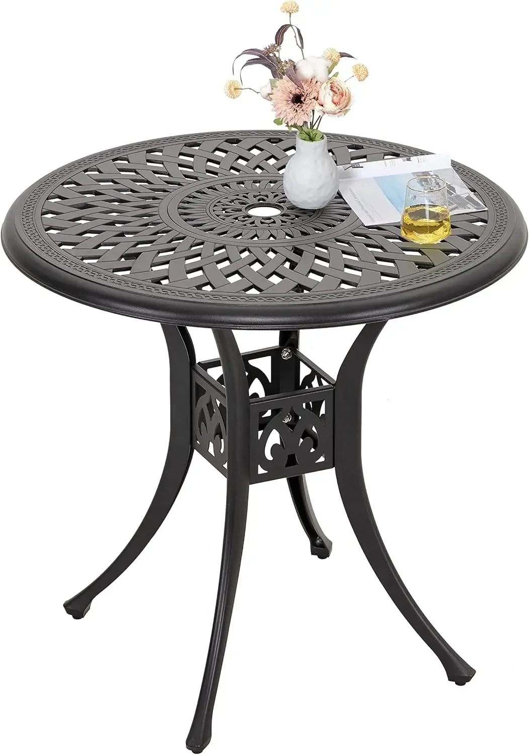 30 Inch Patio Dining Table, Cast Aluminum Round Outdoor Table with Umbrella Hole for Patio, Backyard, Deck-Black