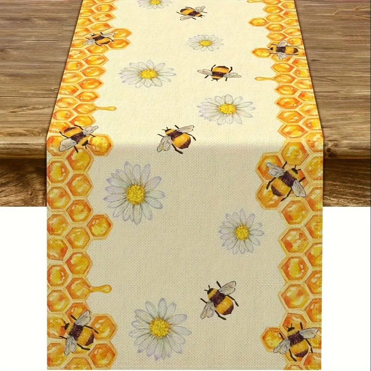 Watercolor Bee Honeycomb Daisy Table Runner Linen Texture Spring Farm Style Dining Decor For Holiday Party Kitchen Home Decorati
