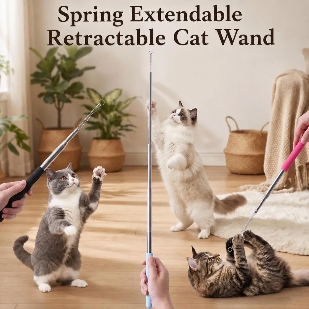 Compact Stainless Steel Cat Teaser Wand Replaceable Head Retractable Telescopic Cat Wand Cat Fishing Pole Toy Cat Owner