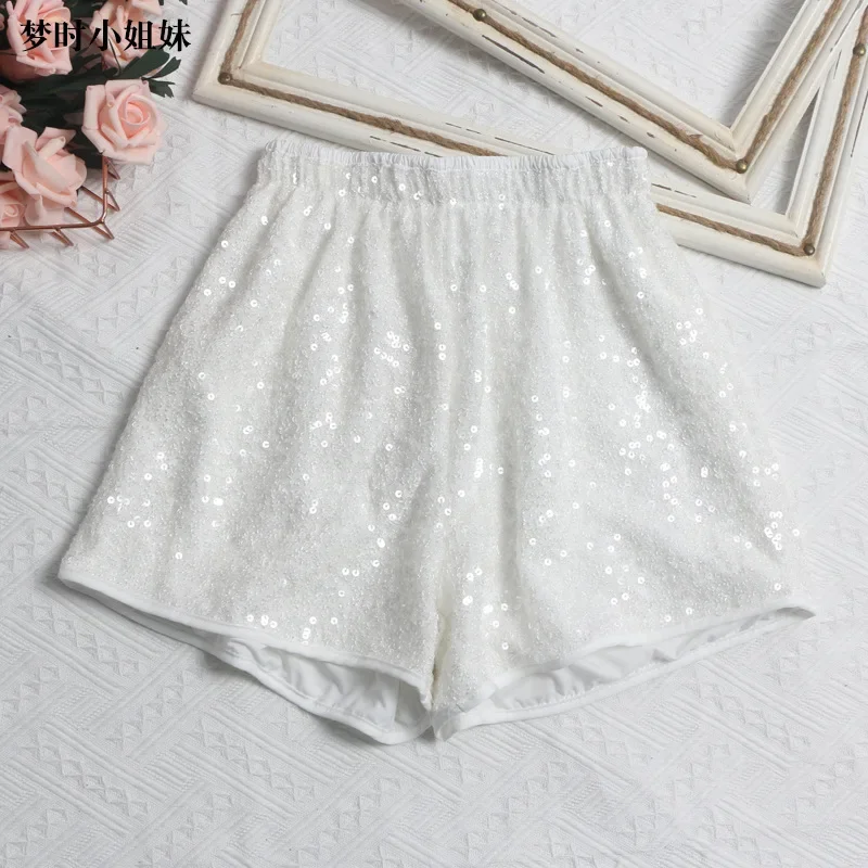 European and American Hotties Sequined Shorts High-waisted Wide-leg Pants Elastic Waist Casual Slimming Hot Pants with Boots