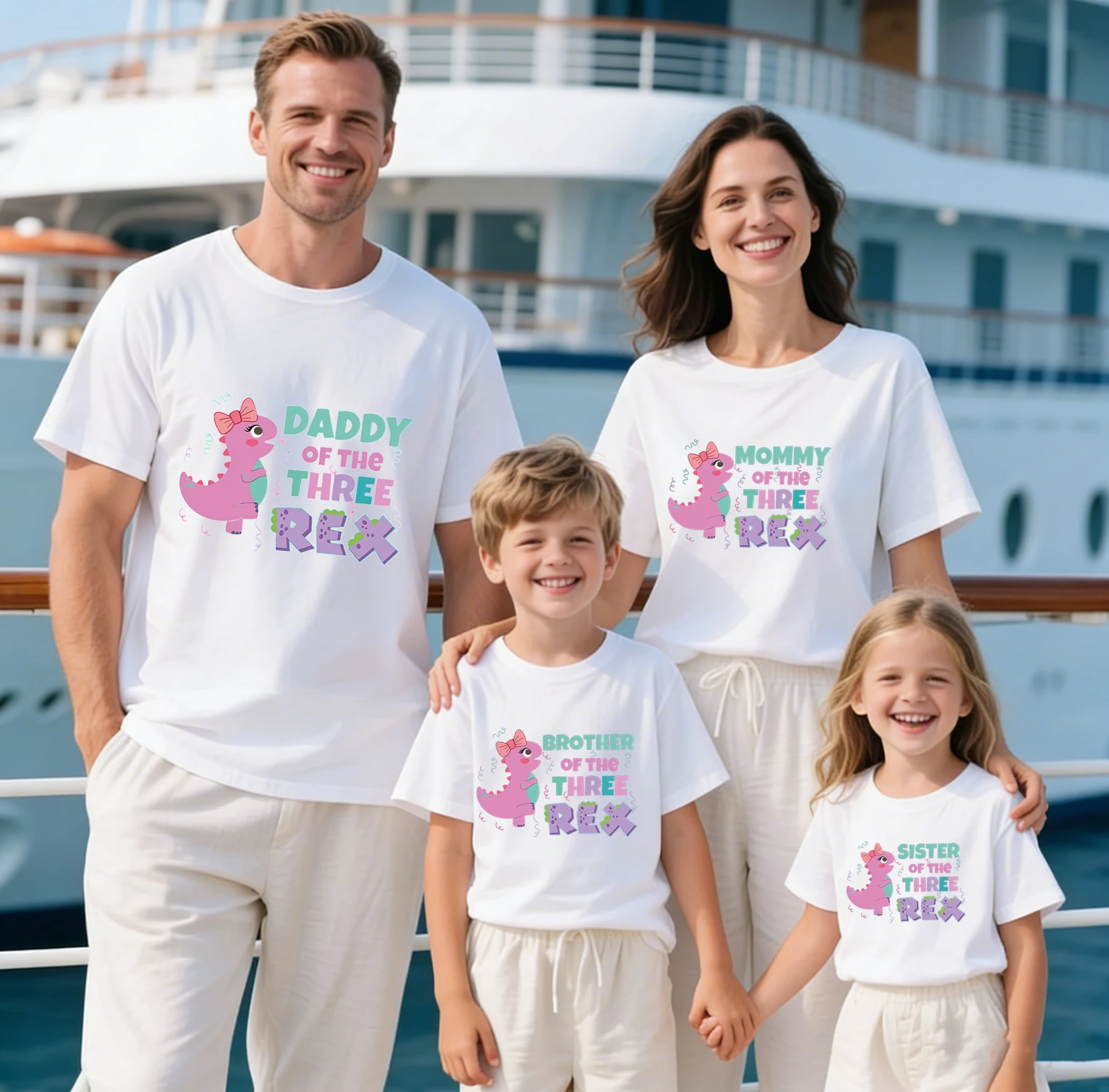 Three Rex Birthday Family Matching T-Shirts Family Matching Daddy Mommy Bro Sis T-Shirts for Parents and Kids Unisex Tshirt Tops