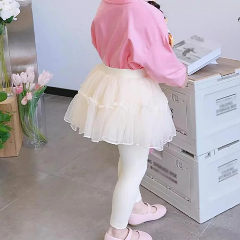 Spring Autumn Girls Skirt Pants Children Lace Gauze Solid Princess Pants with Skirts Kids Mesh Trousers Baby Leggings