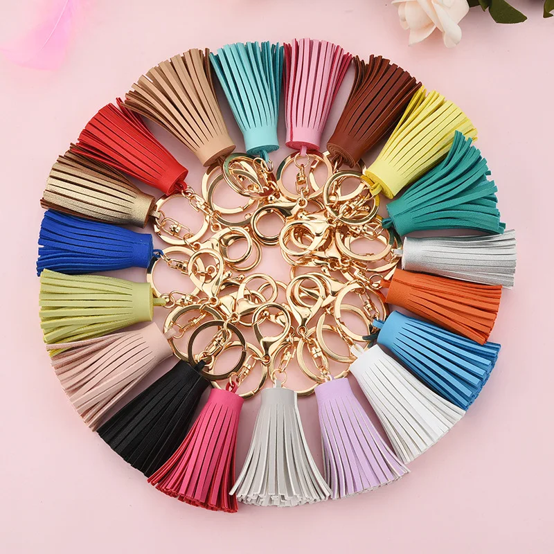 Hot Sale 6cm Pu leather fringedKeychain  zinc alloy key chain car KeyRing bag pendant Part gifts  K2294