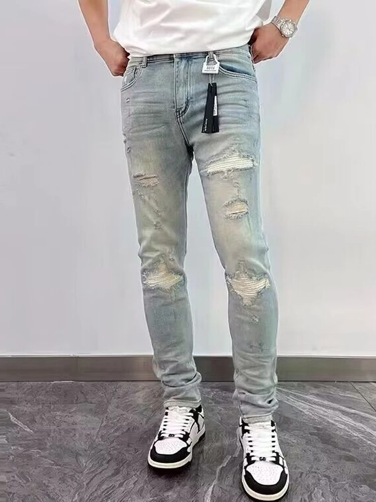 2024 Jeans For Man Classic Patchwork Light Blue Stretch Ripped Denim Pants High Quality Slim Fit Stretch Hip Hop Men\'s Clothing