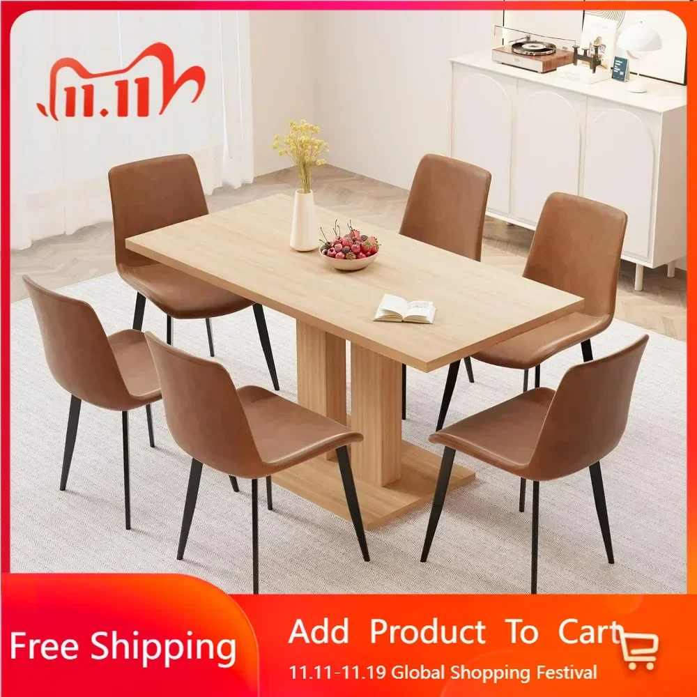 Modern 58 inch kitchen 7-piece rectangular dining table set, suitable for restaurants (dining table+6 brown chairs)