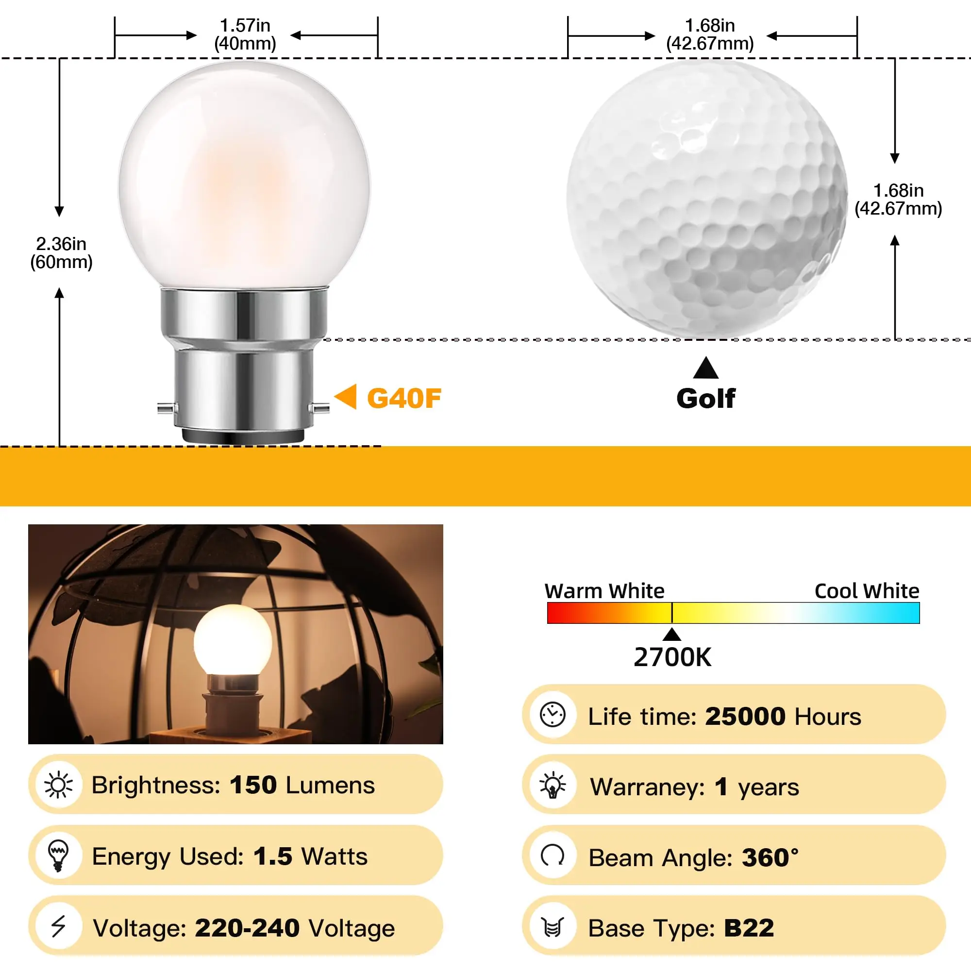 Vintage G40F bohlam filamen Led B22 Bayonet Base lampu bola dunia 1.5W kaca buram 2700K liontin putih hangat bohlam susu antik