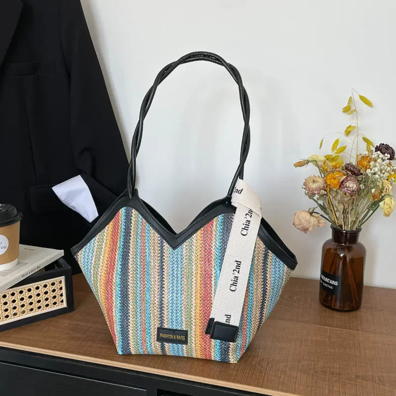 High-value striped handbag bag women's large-capacity beach woven tote bag versatile vacation straw shoulder bag