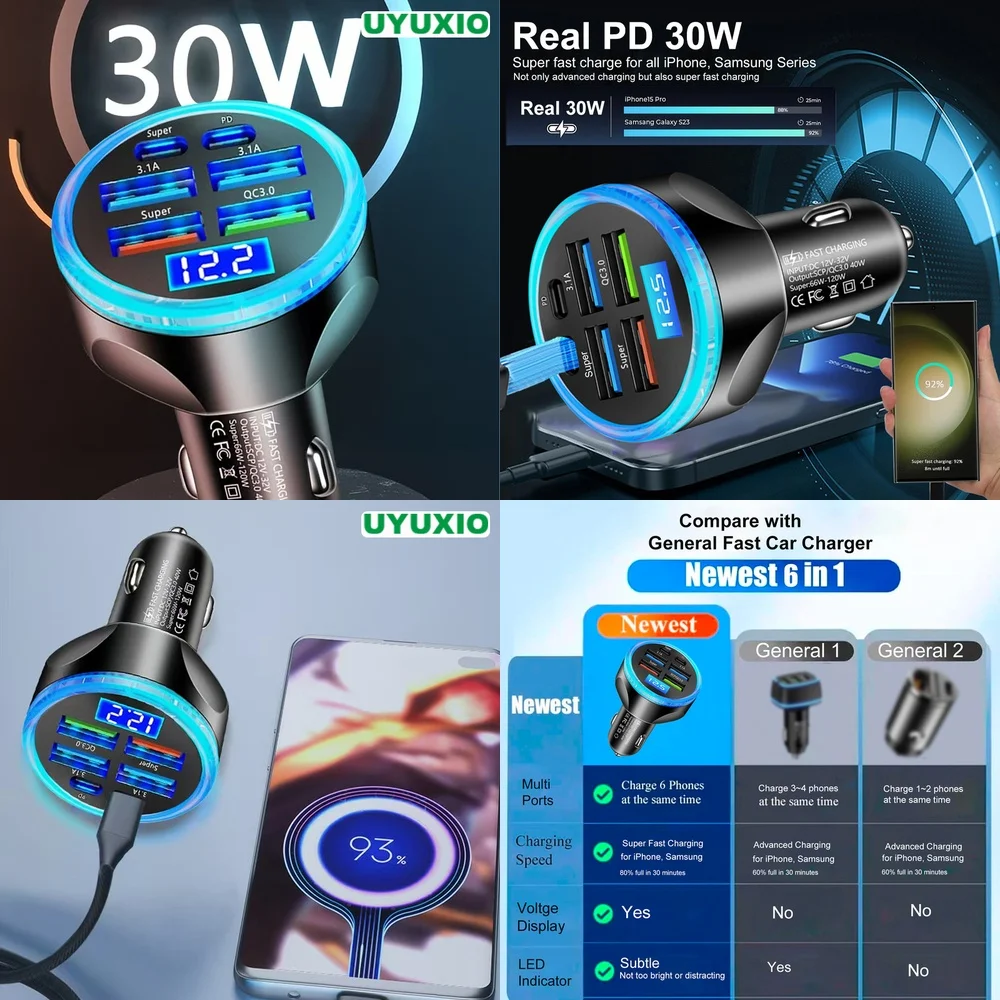 Car Charger LED Digital Display Super Fast Fast Charging 6 Ports PD 30W Plug for iPhone 17 16 15 14 Pro Max Plus Smart IC Chip