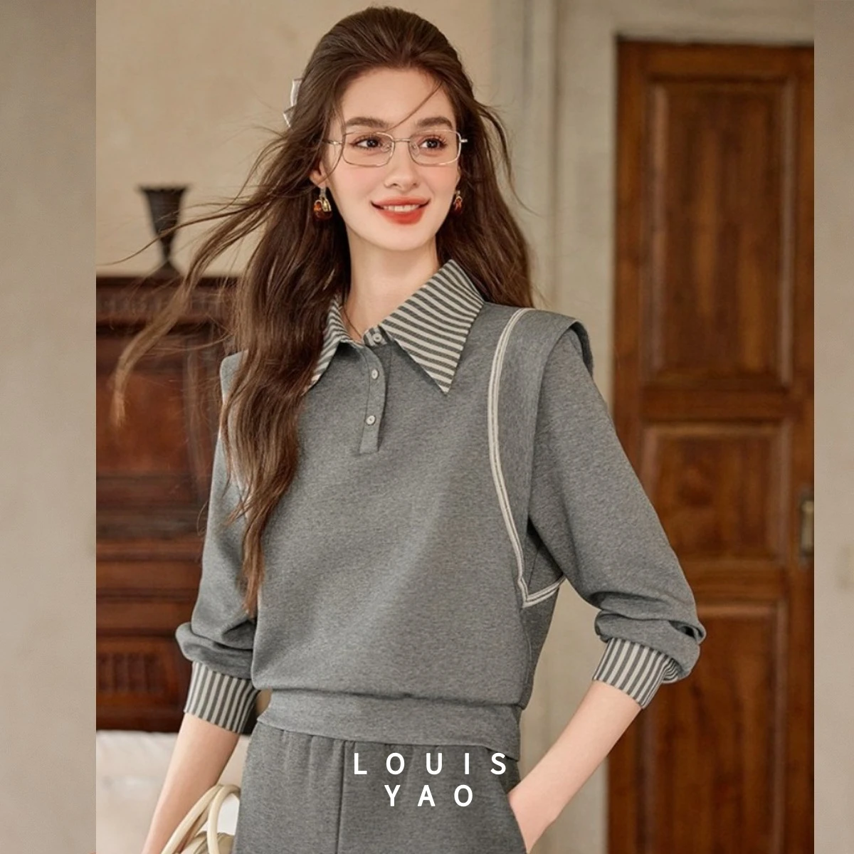 LOUISYAO Mixed Fabric Paneled Knit Pullover 2025 Autumn Women Casual Elegant Collared Stretch Long Sleeve Sweatshirts