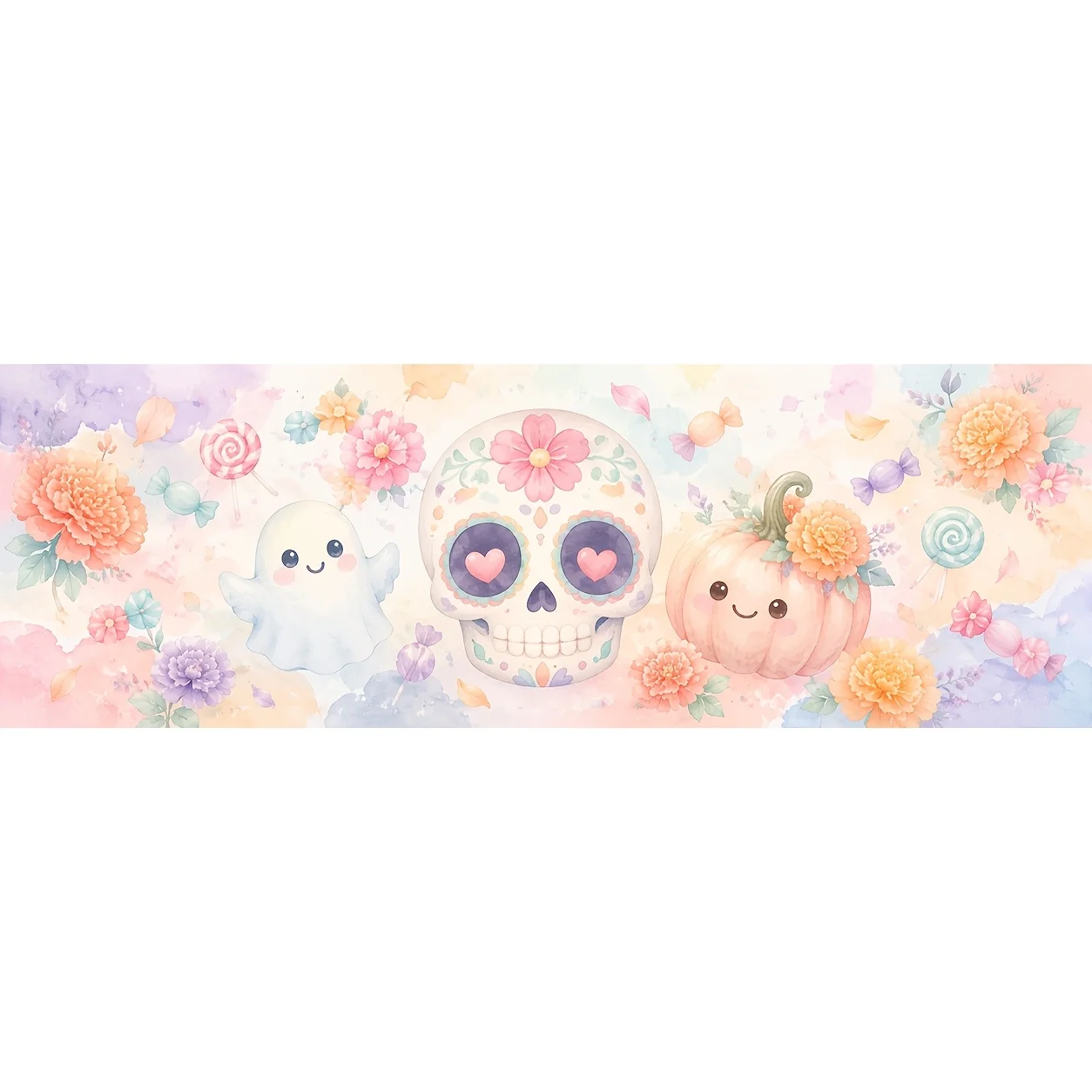 1 Tablecloth Table Skirt, Watercolor Sugar Skull Ghost Pumpkin Sunflower Candy Pastel Background, Halloween Day of the Dead