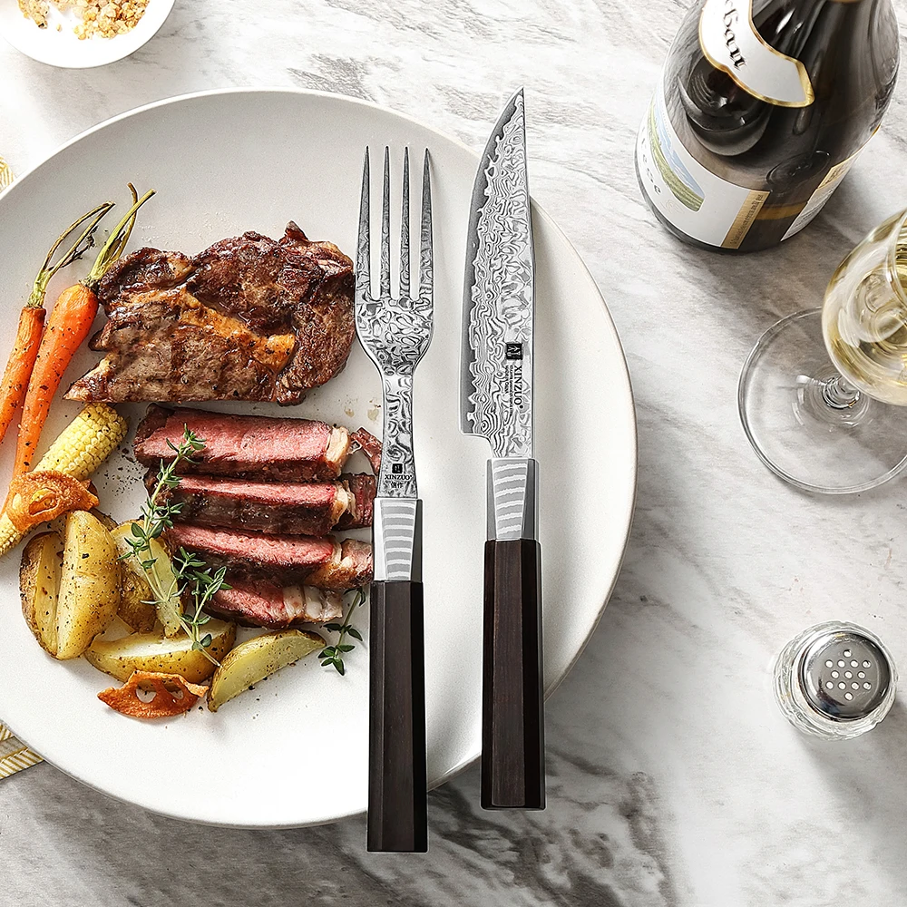 XINZUO 2PCS Knife & Fork Set Developed Damascus Steel 10Cr15CoMoV Steel Core Western Tableware Ultra-high Quality Tableware