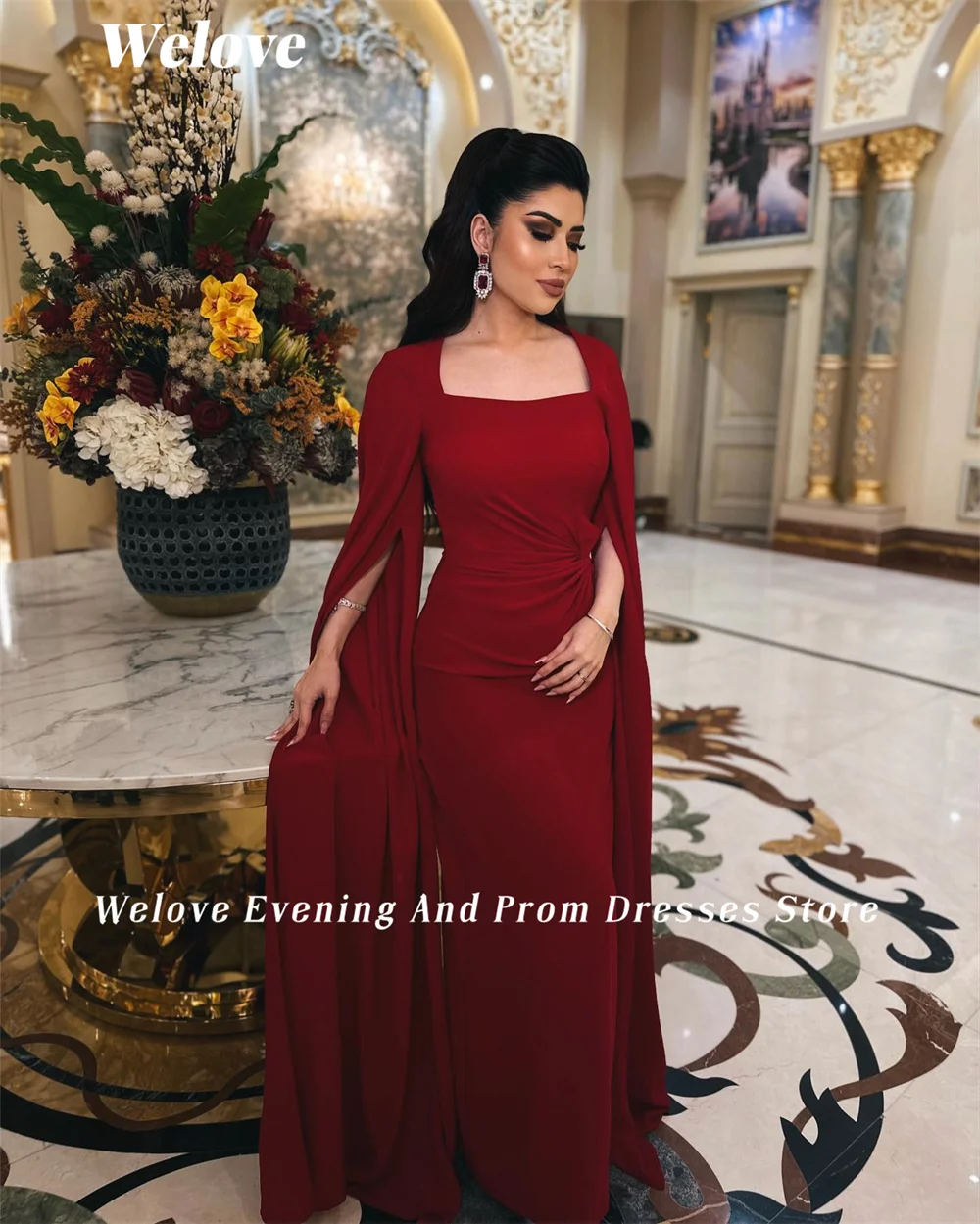 Welove Red Square Collar Evening Dresses Pleated فساتين للحفلات الراقصة New 2023 Cape Sleeves Straight فساتين مناسبة رسمية