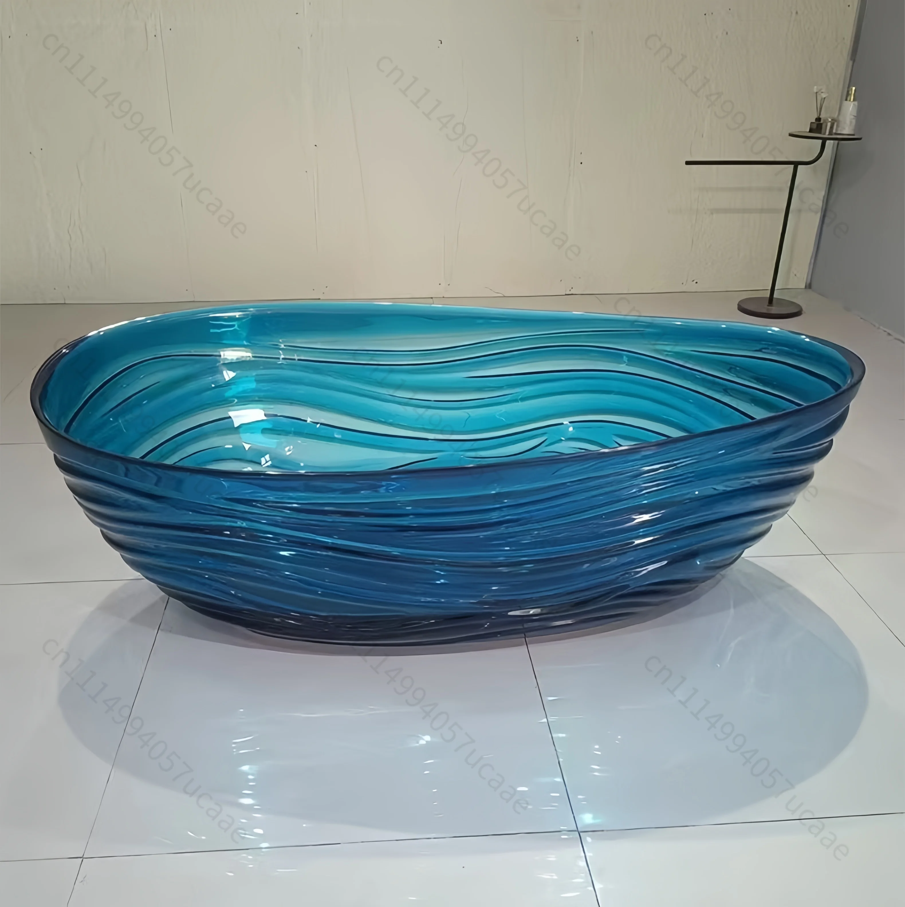 Modern Freestanding Crystal Transparent Resin Bathtub with Water Wave Design Indoor Drainer Soaking Tub for Hotel Bathrooms