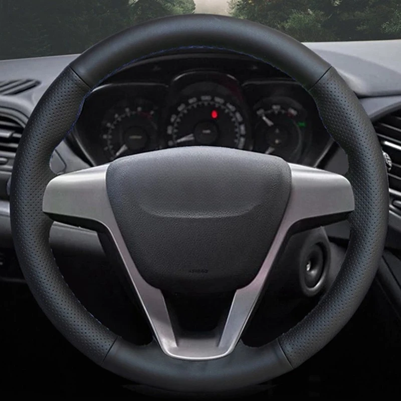 Hand-stitched Black Real cowhide Leather Car Steering Wheel Cover For Lada Xray 2015-2019 Vesta 2015 2016 2017 2018 2019