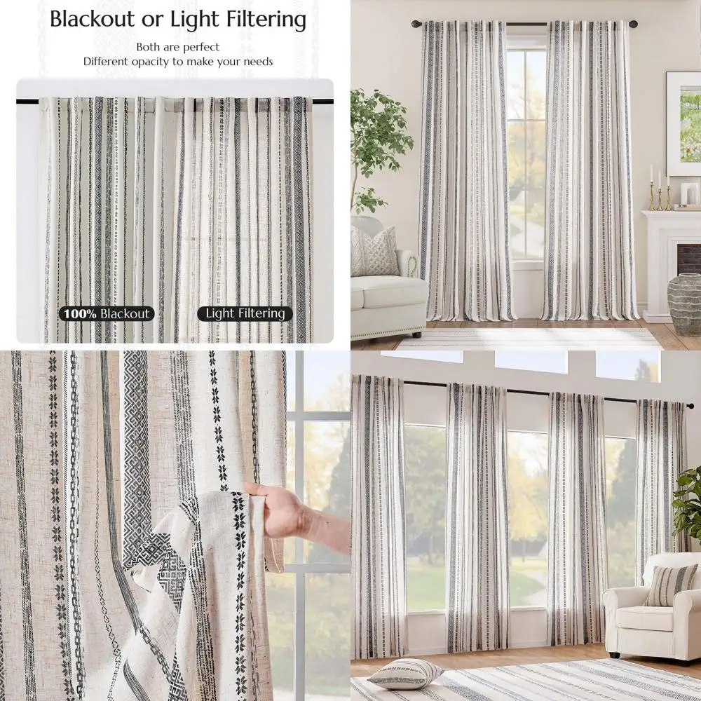 

Шторы в стиле бохо из смеси льна для гостиной, длина 96 дюймов, черные, с принтом на бежевых ретро-фермерских дома, богемные геометрические шторы, светлые