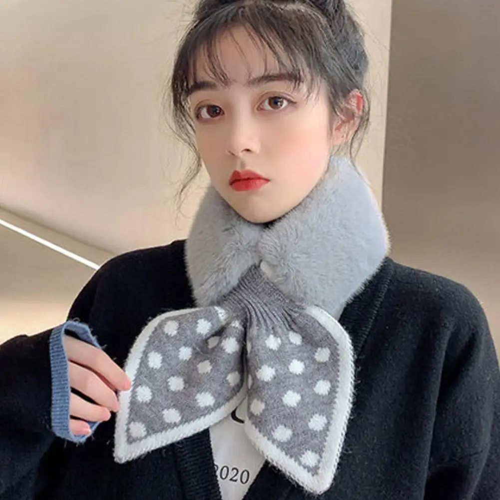 Winter New Knitted Polka Dot Spliced Plush Scarf For Female Student Versatile Imitation Rabbit Fur Collar Warm Comfortable Scarf