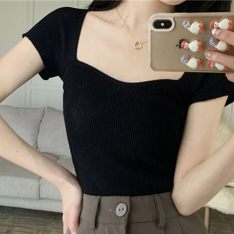 T-shirt a maniche corte donna Vintage Gentle Square Collar Cropped Tops Summer Slim Young Fashion Sexy All-match maglieria elegante