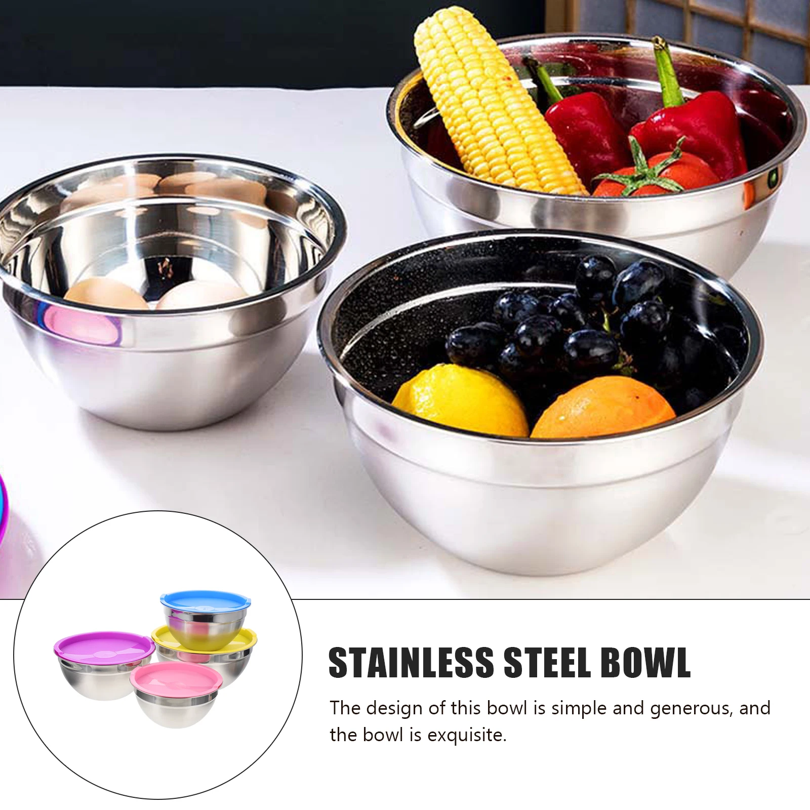 

4pcs Stainless Steel Mixing Bowls Set Fruits Salad Kitchen Cooking Easy Clean Storage Lid Home Serving Bowl Baking Pan