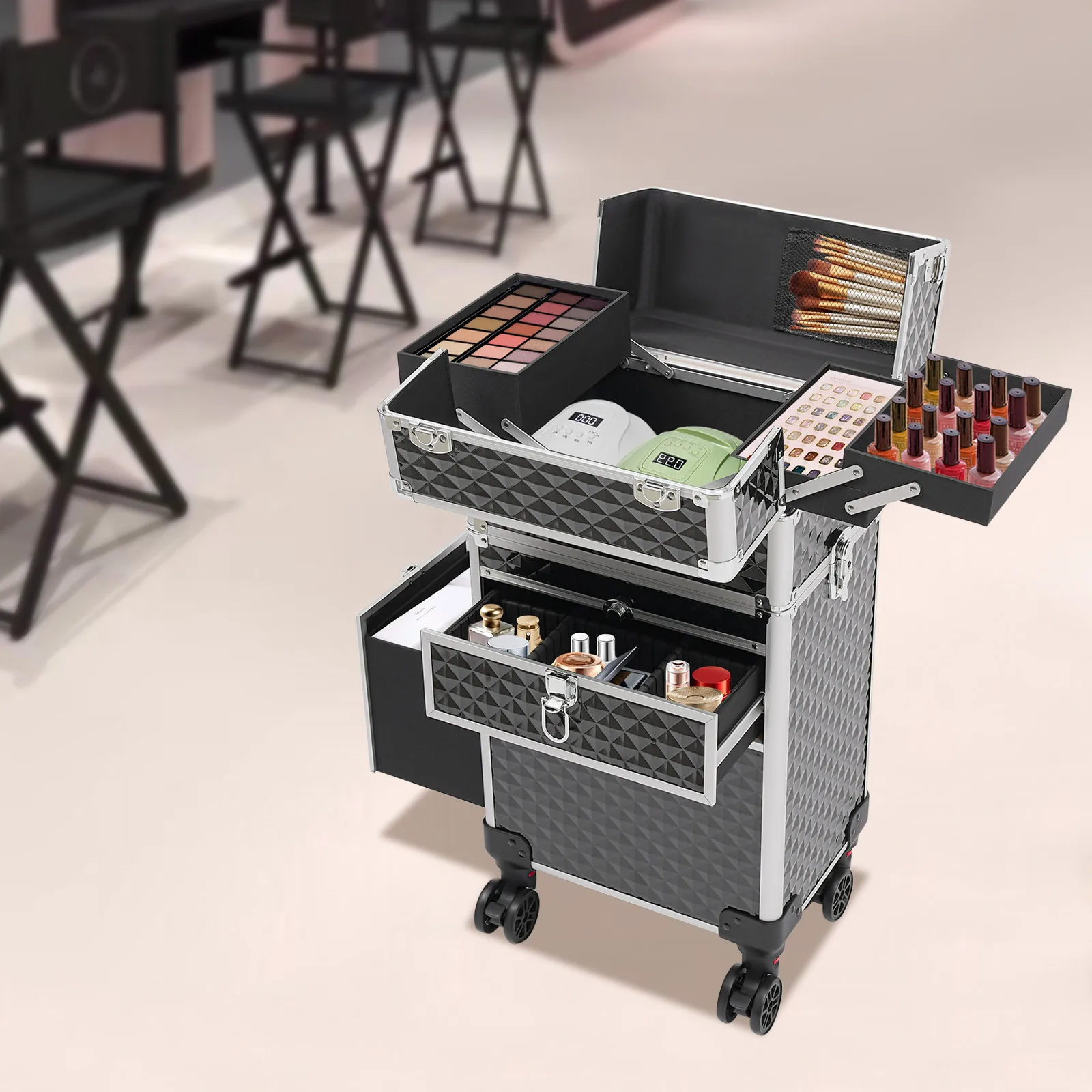 

Professional Rolling Makeup Train Case Multi-functional Cosmetic Trolley, Large Storage Traveling Cart Trunk