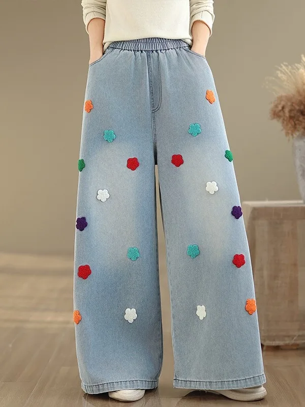 

Новые весенние джинсы с тяжелой вышивкой и полотенцем на талии, свободные повседневные прямые широкие брюки с эластичной резинкой на талии, женские большие размеры