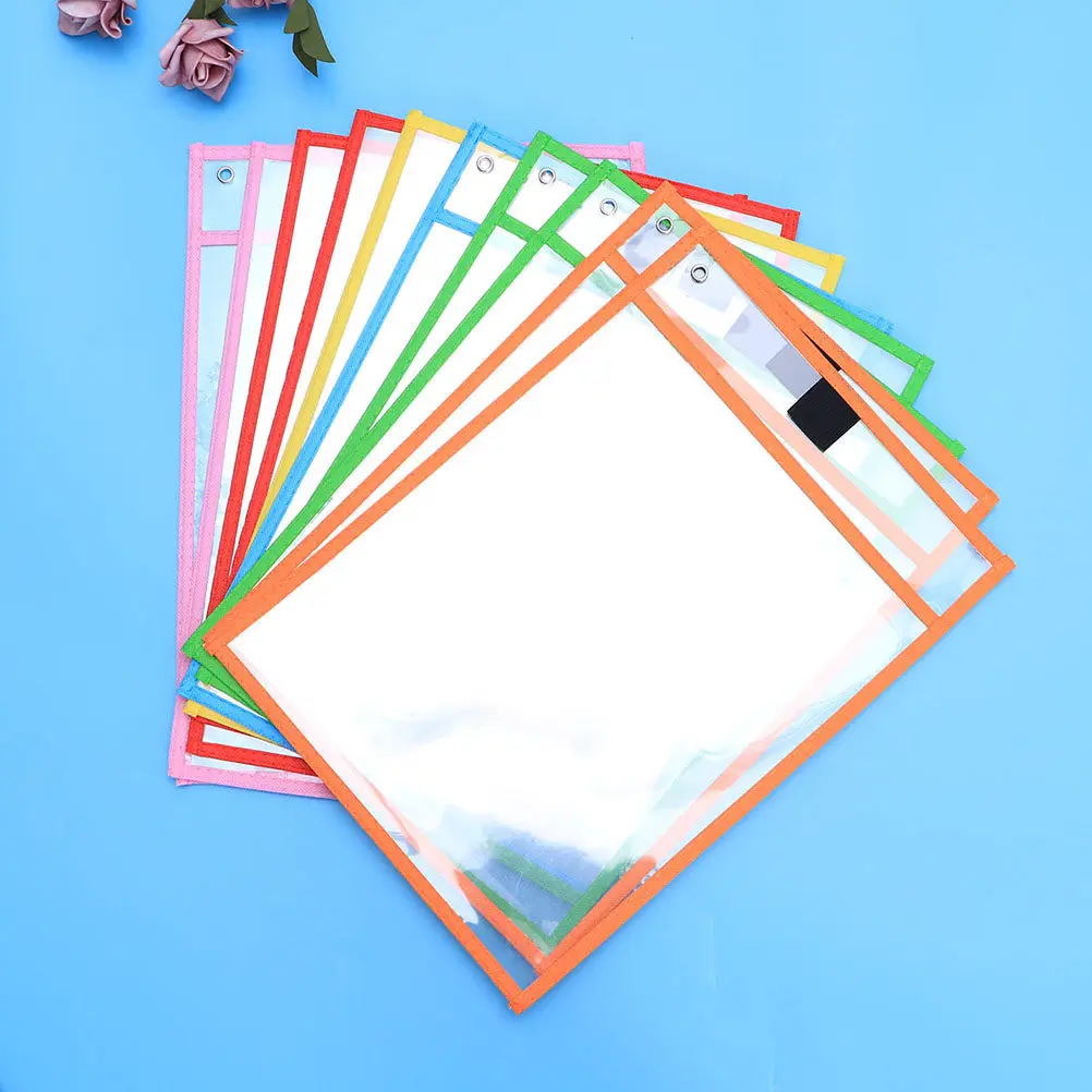 12Pcs Dry Erase Pockets Assorted Colors PVC Waterproof Dirtproof Clear Both Sides Reusable Write Wipe Sleeves with Pen Holder