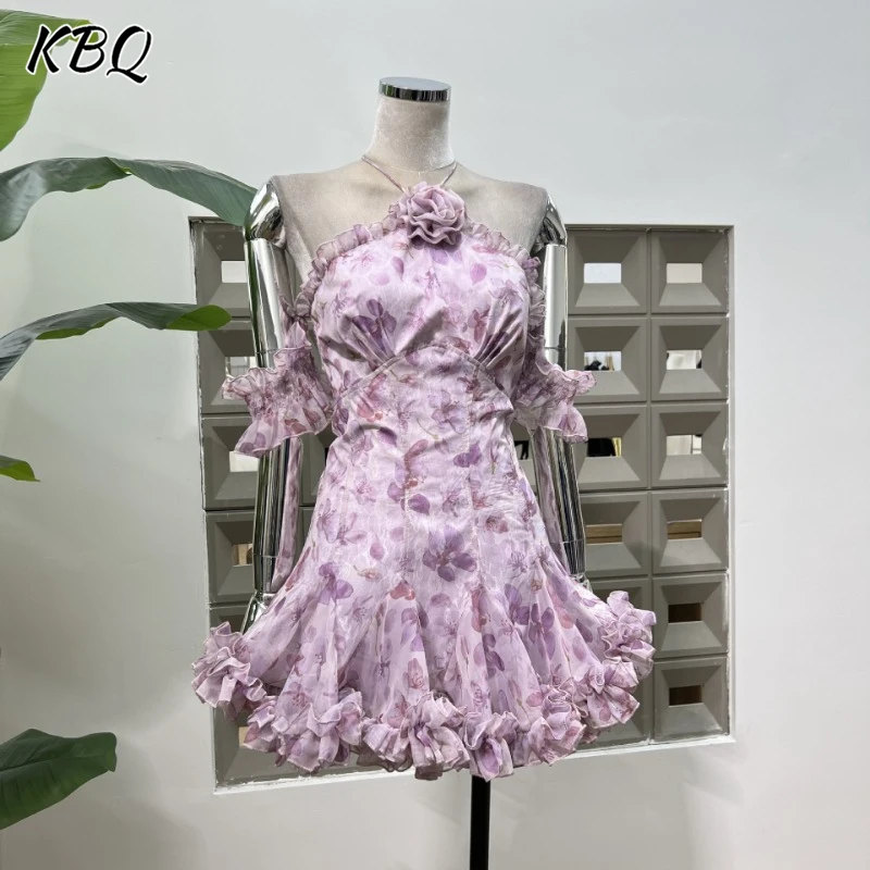 

KBQ хит цвета печати платья для похудения с открытой спиной для женщин Холтер с открытыми плечами и рукавами винтажное женское платье с аппликацией