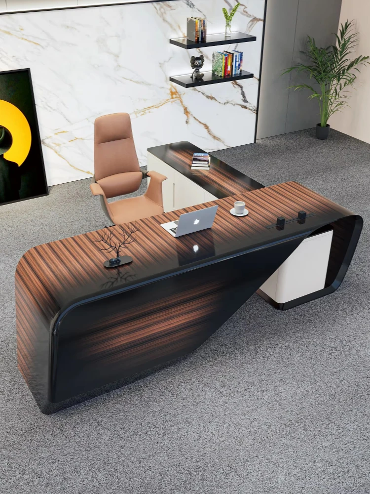 Luxury L-shaped executive desk with expandable side cabinets, E1 MDF modern desk made.