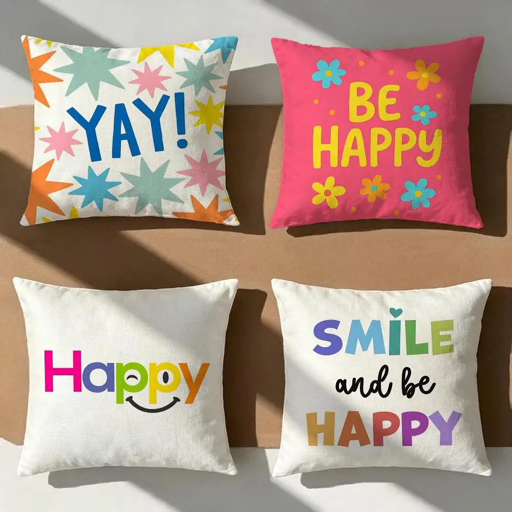 Happy Slogan Cartoon Text Cushion Cover Pillow Cover Nordic Minimalist Throw DoubleSided Print Cushion Case for Bedroom Decor